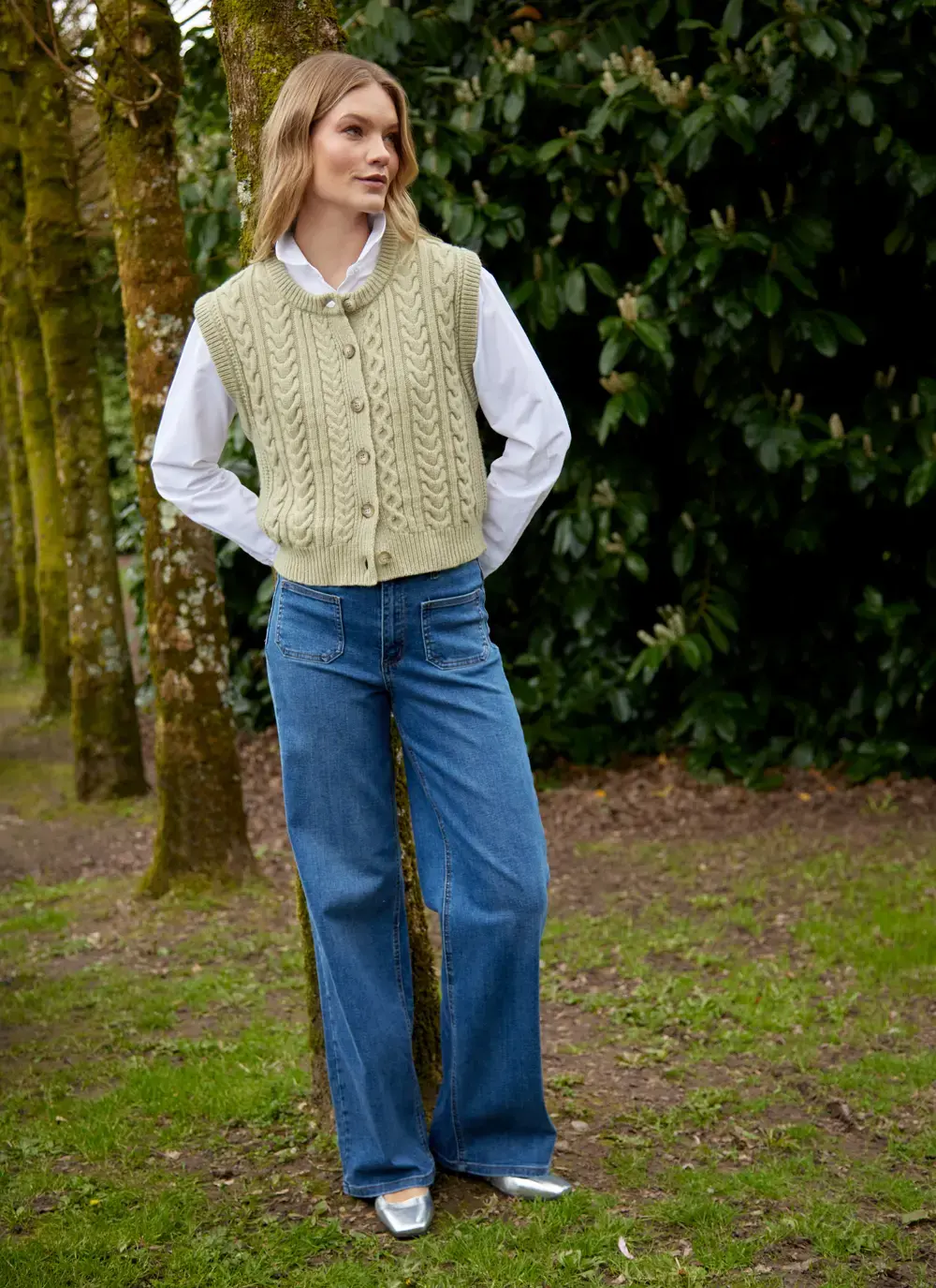 Ladies Sleeveless Aran Cardigan in Olive Melange